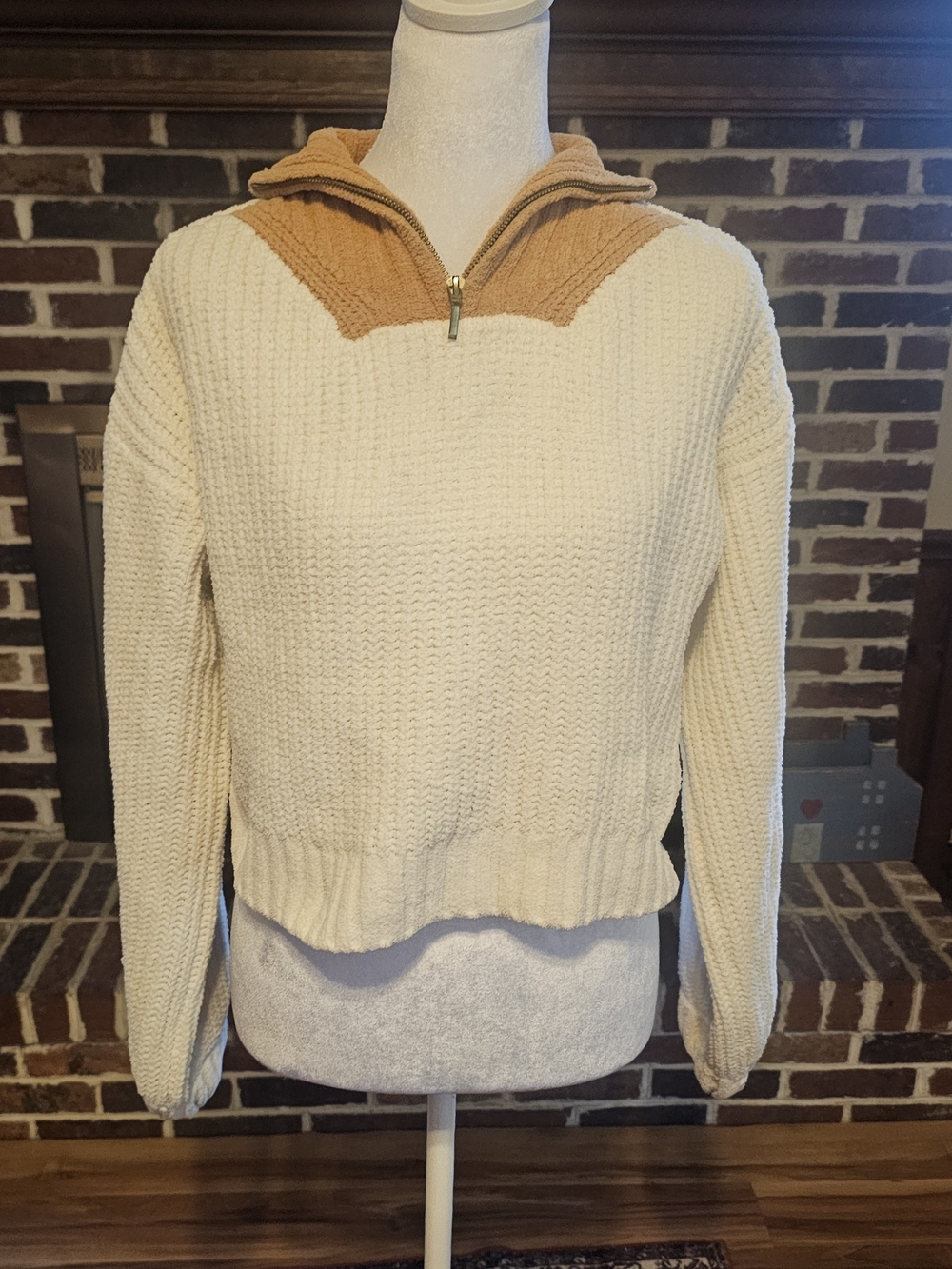 Cream Cowl-Neck Sweater with Tan Zip Accent